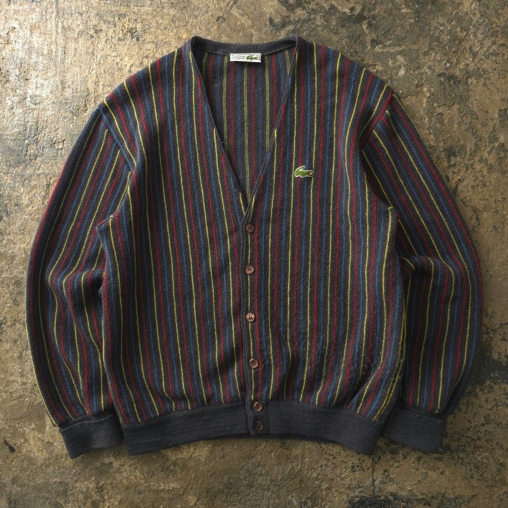 Vintage 1970s Chemise Lacoste Grey Cardigan Sweater Size 2 Striped Wool France